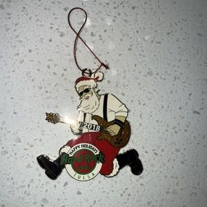 Hard Rock Hotel Tulsa 2018 Christmas Ornament Santa & Guitar Enamel Double Sided
